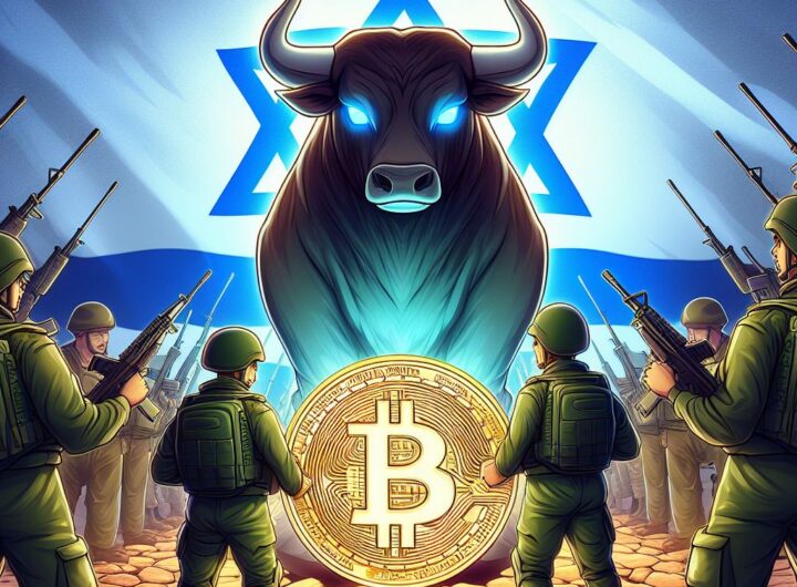 Imagen de un Bitcoin juntos a soldados de Israel y la bandera de fondo en el contexto de la guerra que inici'on contra Irán